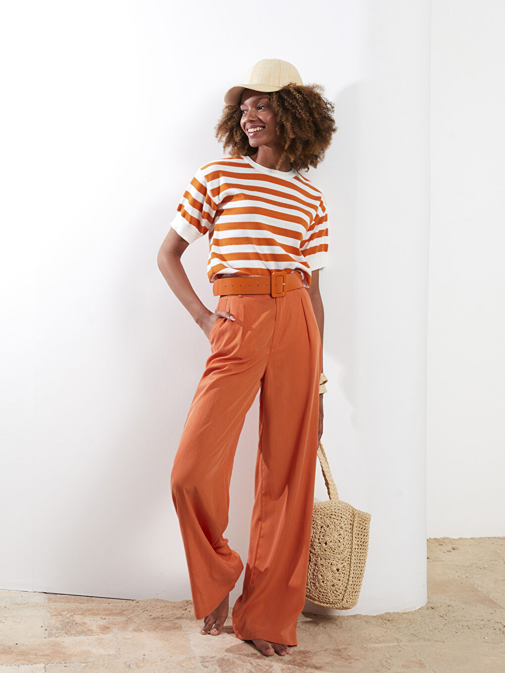 Turuncu Bisiklet Yaka Çizgili Kısa Kollu Kadın Triko Kazak-1