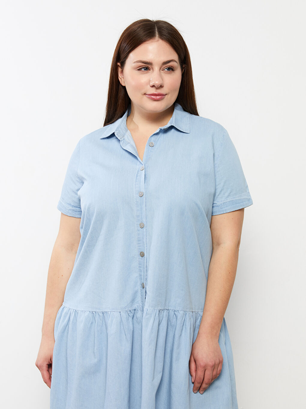 İndigo Büyük Beden Gömlek Yaka Düz Kısa Kollu Kadın Rodeo Jean Elbise-2