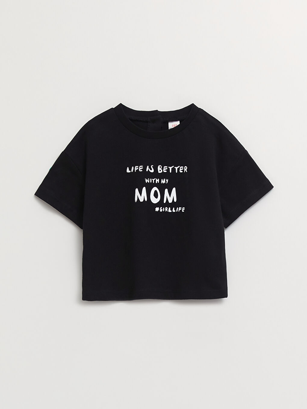 Siyah Bisiklet Yaka Kısa Kol Baskılı Pamuklu Kız Bebek Tişört