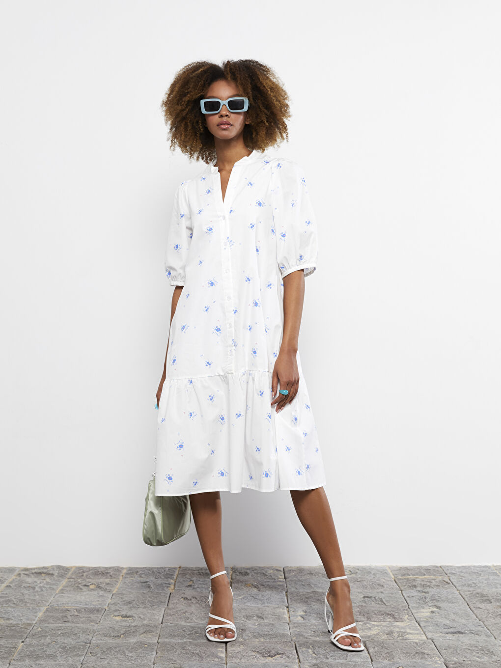 Henley Neckline Patterned Short Sleeve Cotton Women's Dress-1