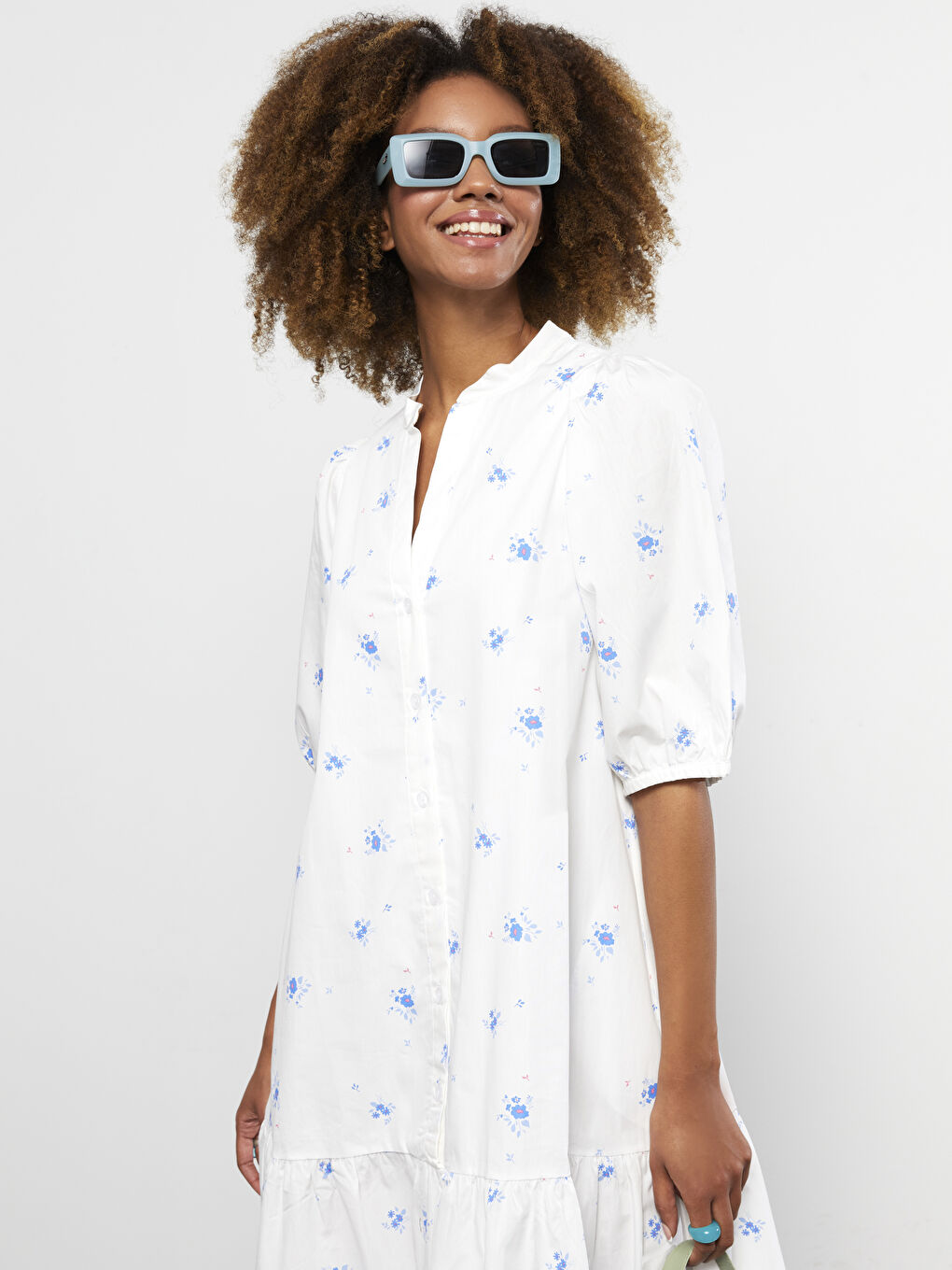 Henley Neckline Patterned Short Sleeve Cotton Women's Dress-2