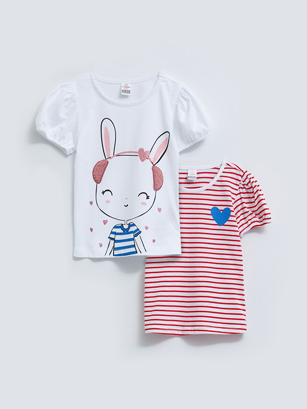 تيشيرت ياقة دائرية كم قصير مطبوع قطن بنات رضع - مجموعة من 2