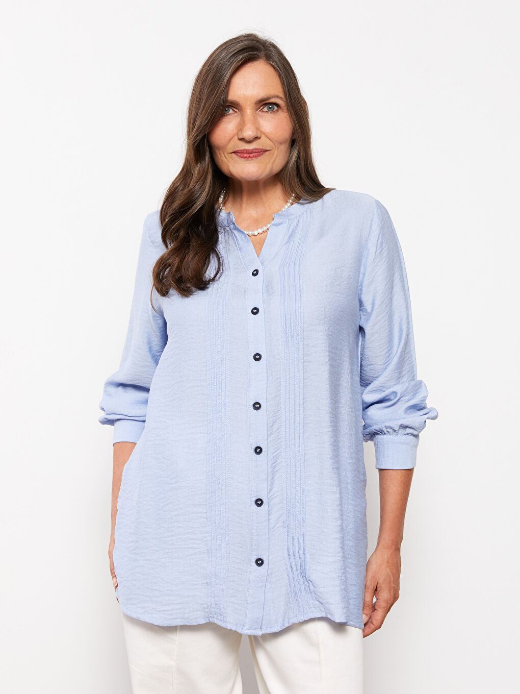 Mavi Kaçık Yaka Düz Uzun Kollu Kadın Gömlek-2