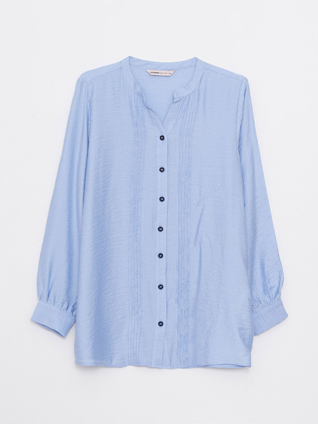 Mavi Kaçık Yaka Düz Uzun Kollu Kadın Gömlek-5
