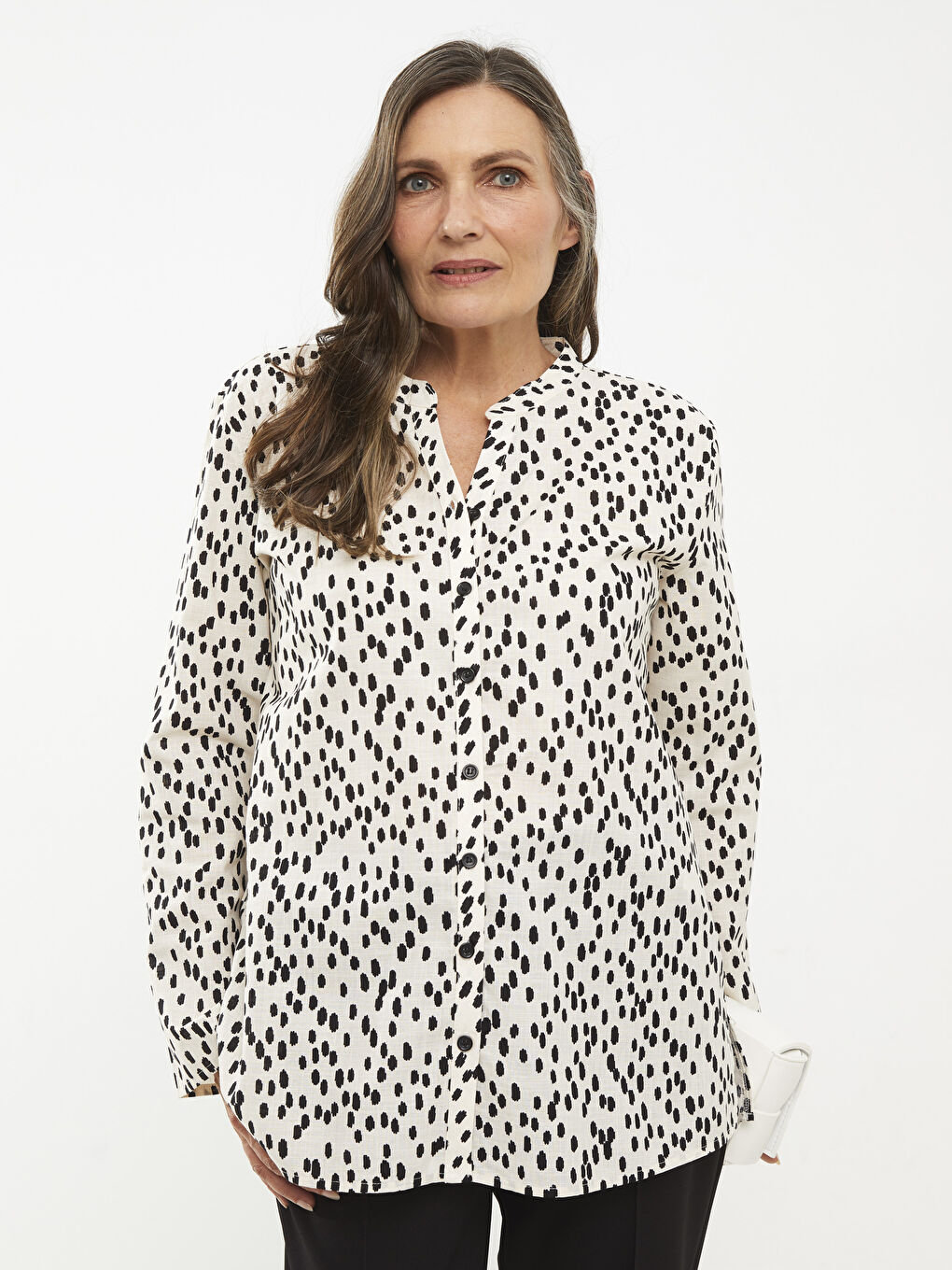 LCW Grace Henley Neckline Pattern Long Sleeve Cotton Women's Shirt -S2I630Z8-LQB