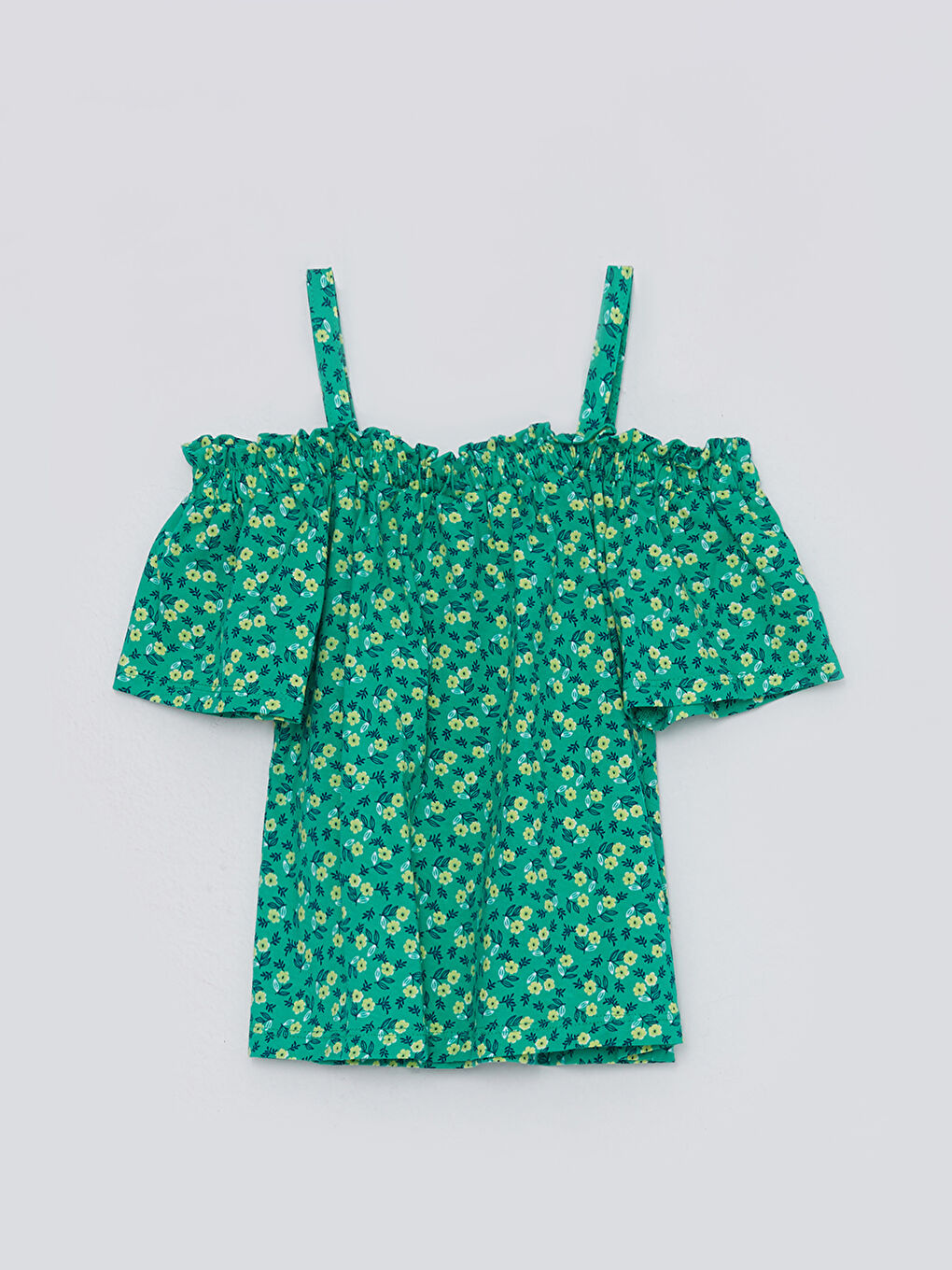Yeşil Kayık Yaka Desenli Kısa Kollu Kız Çocuk Bluz