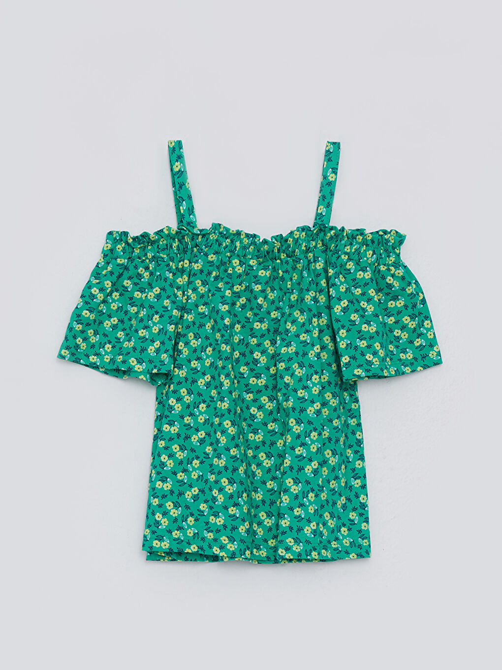 Yeşil Kayık Yaka Desenli Kısa Kollu Kız Çocuk Bluz-1