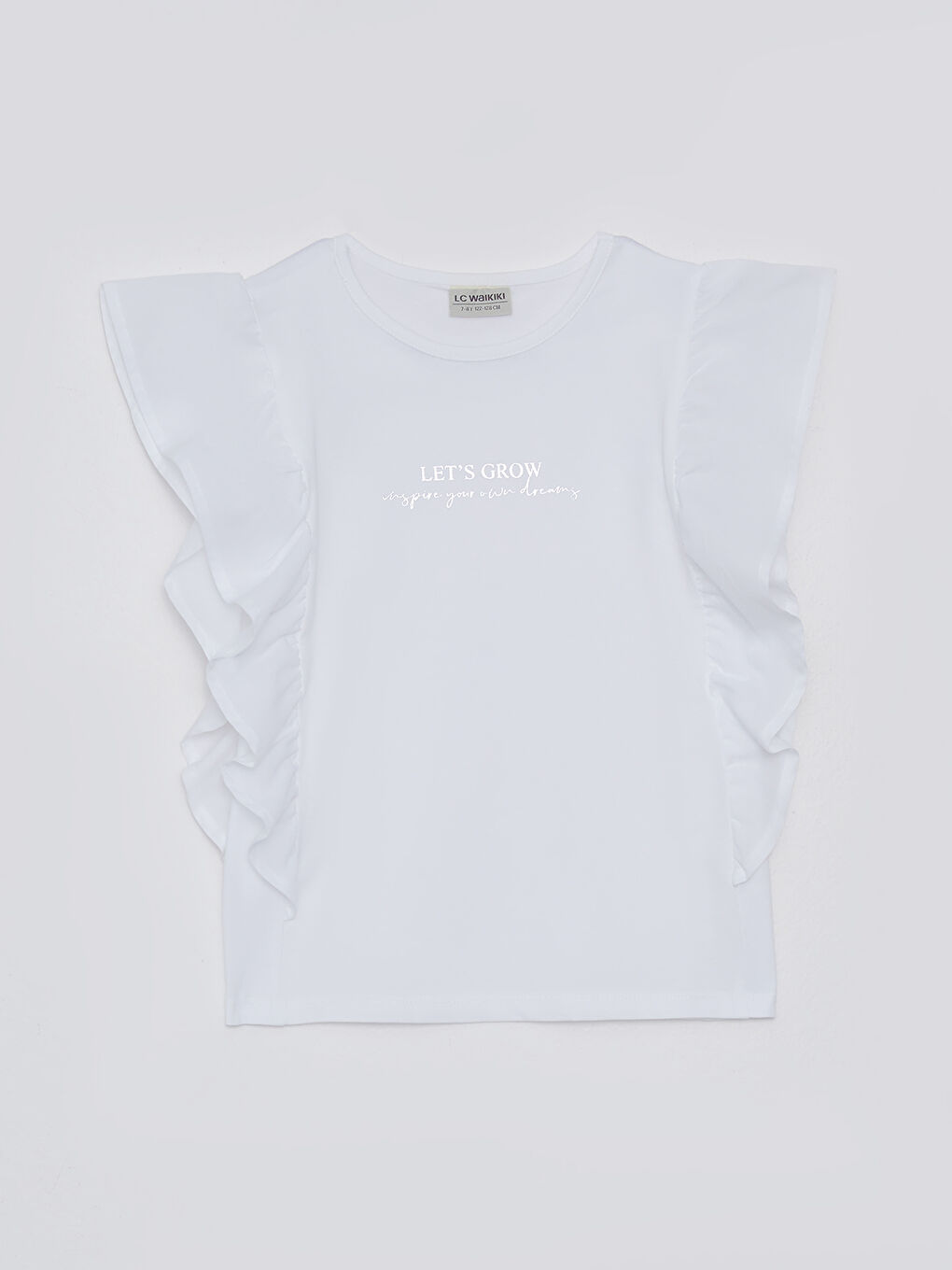 Beyaz Bisiklet Yaka Baskılı Kısa Kollu Pamuklu Kız Çocuk Tişört