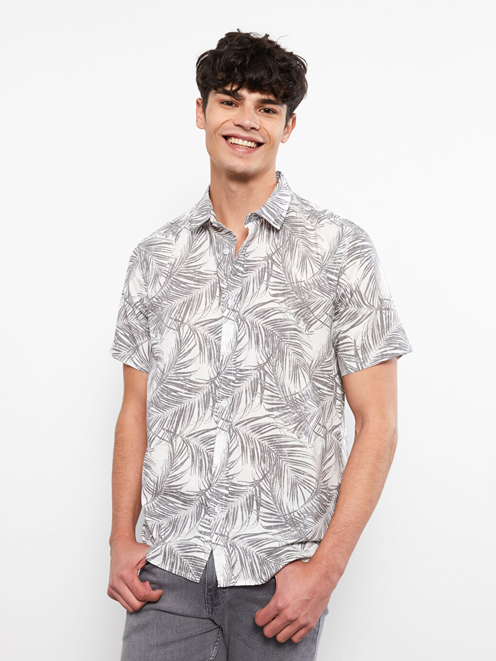 Gri Slim Fit Kısa Kollu Desenli Poplin Erkek Gömlek-1