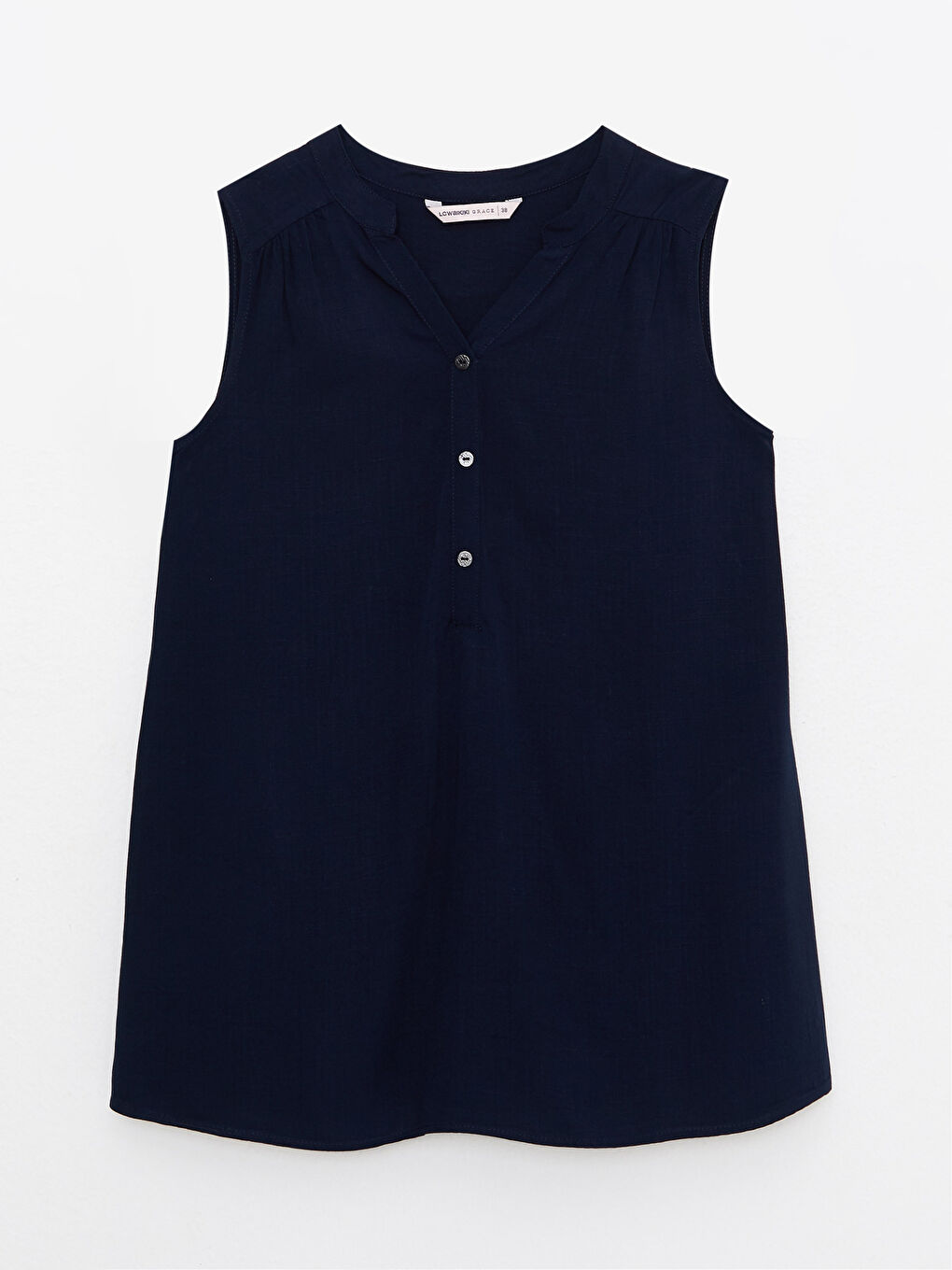 Lacivert Kaçık Yaka Düz Kolsuz Viskon Kadın Bluz-5