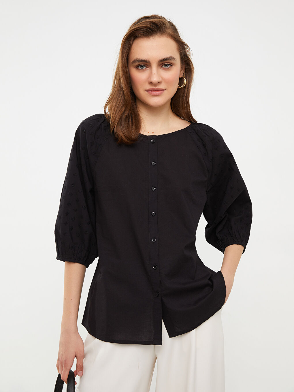 Boat Neck Embroidered Poplin Women's Blouse -S2I692Z8-CVL