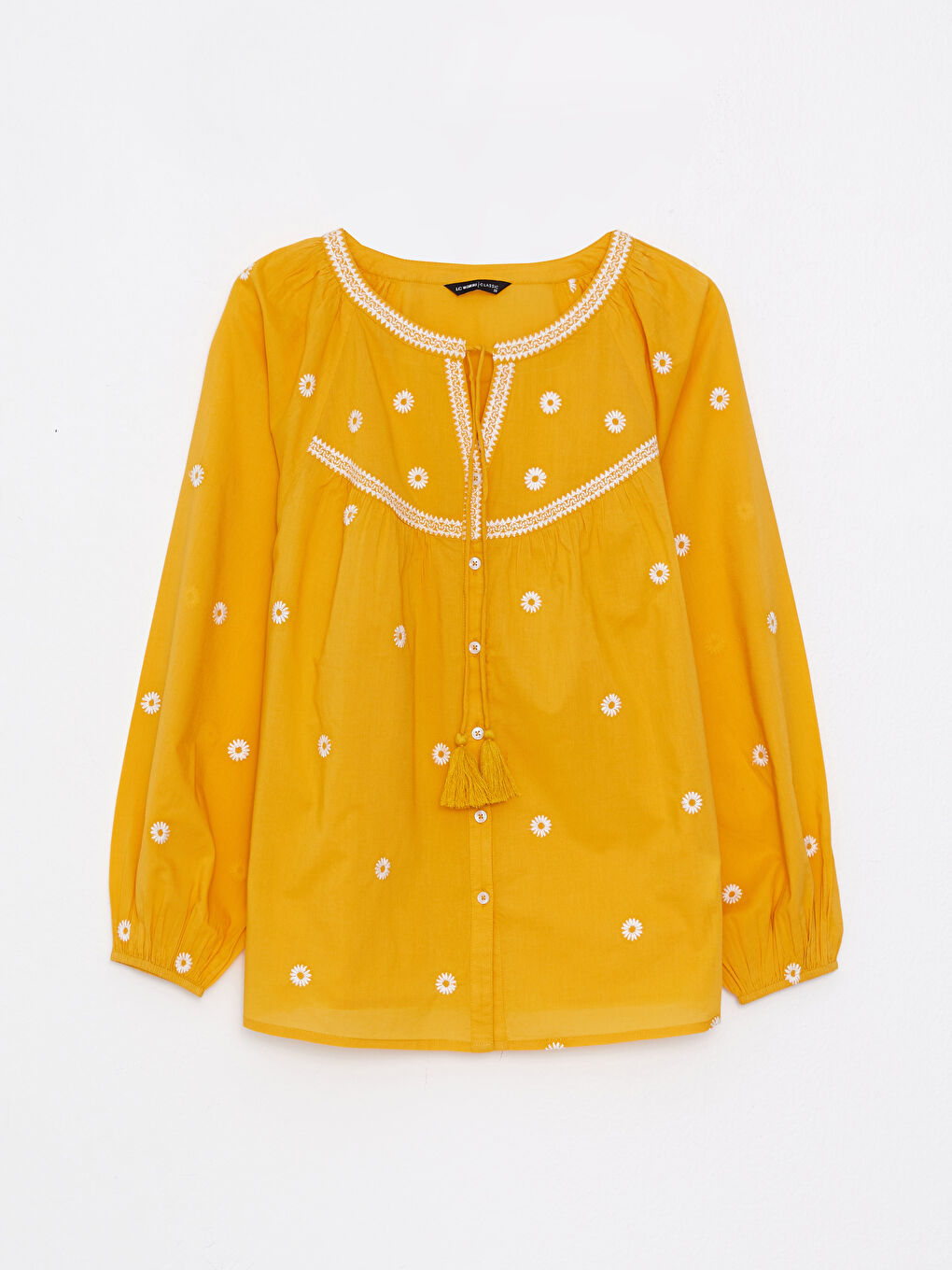 Tie Collar Embroidered Long Sleeve Cotton Women's Blouse -S2I697Z8-G2C