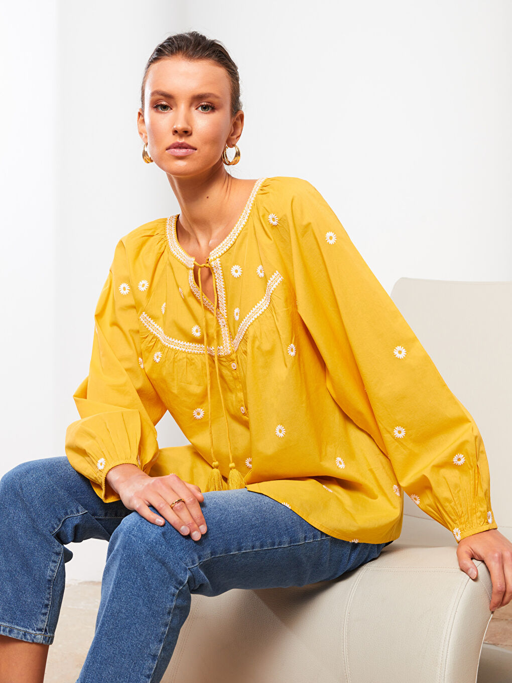 Tie Collar Embroidered Long Sleeve Cotton Women's Blouse -S2I697Z8-G2C