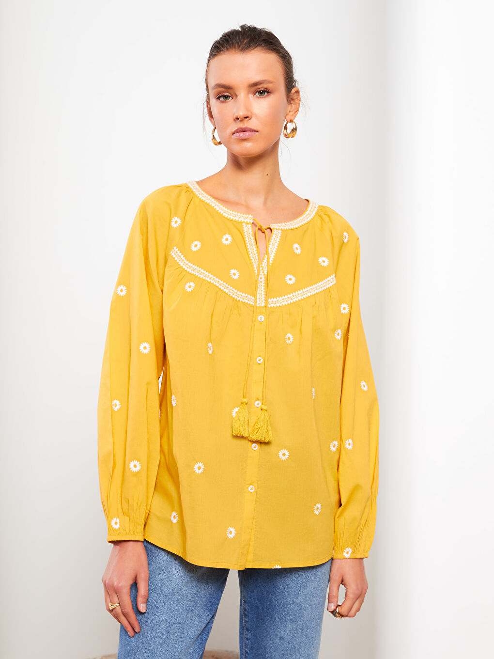 Tie Collar Embroidered Long Sleeve Cotton Women's Blouse -S2I697Z8-G2C