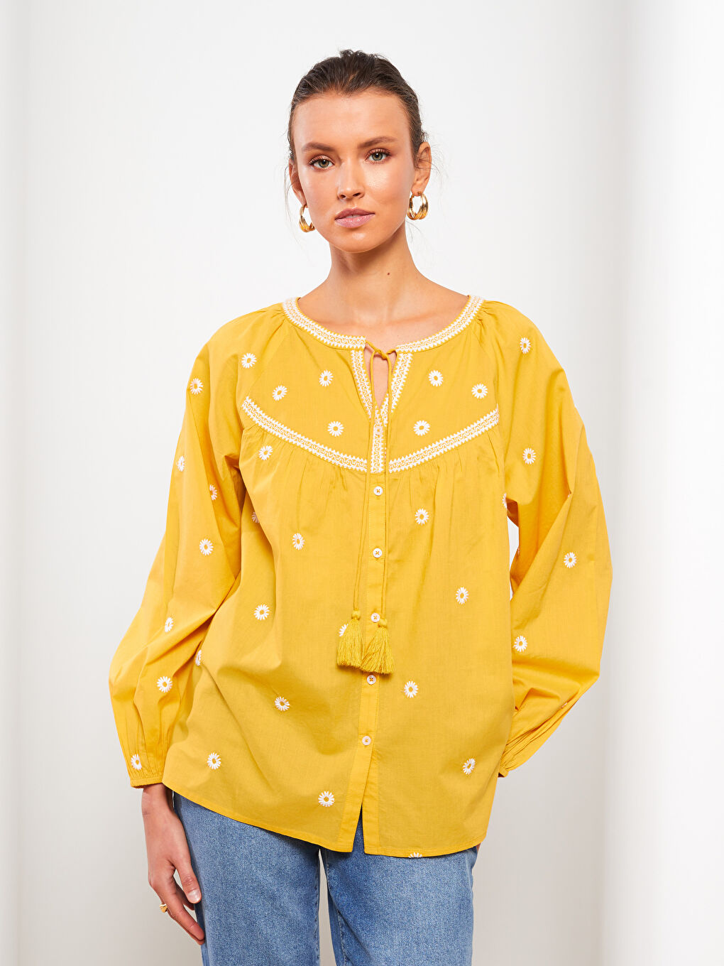 Tie Collar Embroidered Long Sleeve Cotton Women's Blouse -S2I697Z8-G2C