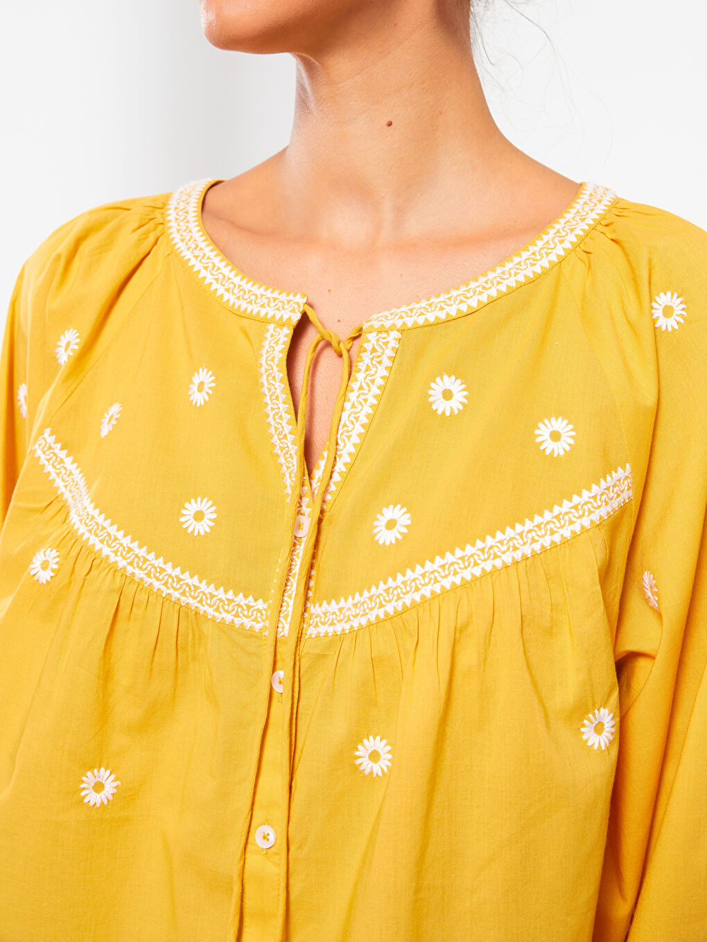 Tie Collar Embroidered Long Sleeve Cotton Women's Blouse -S2I697Z8-G2C