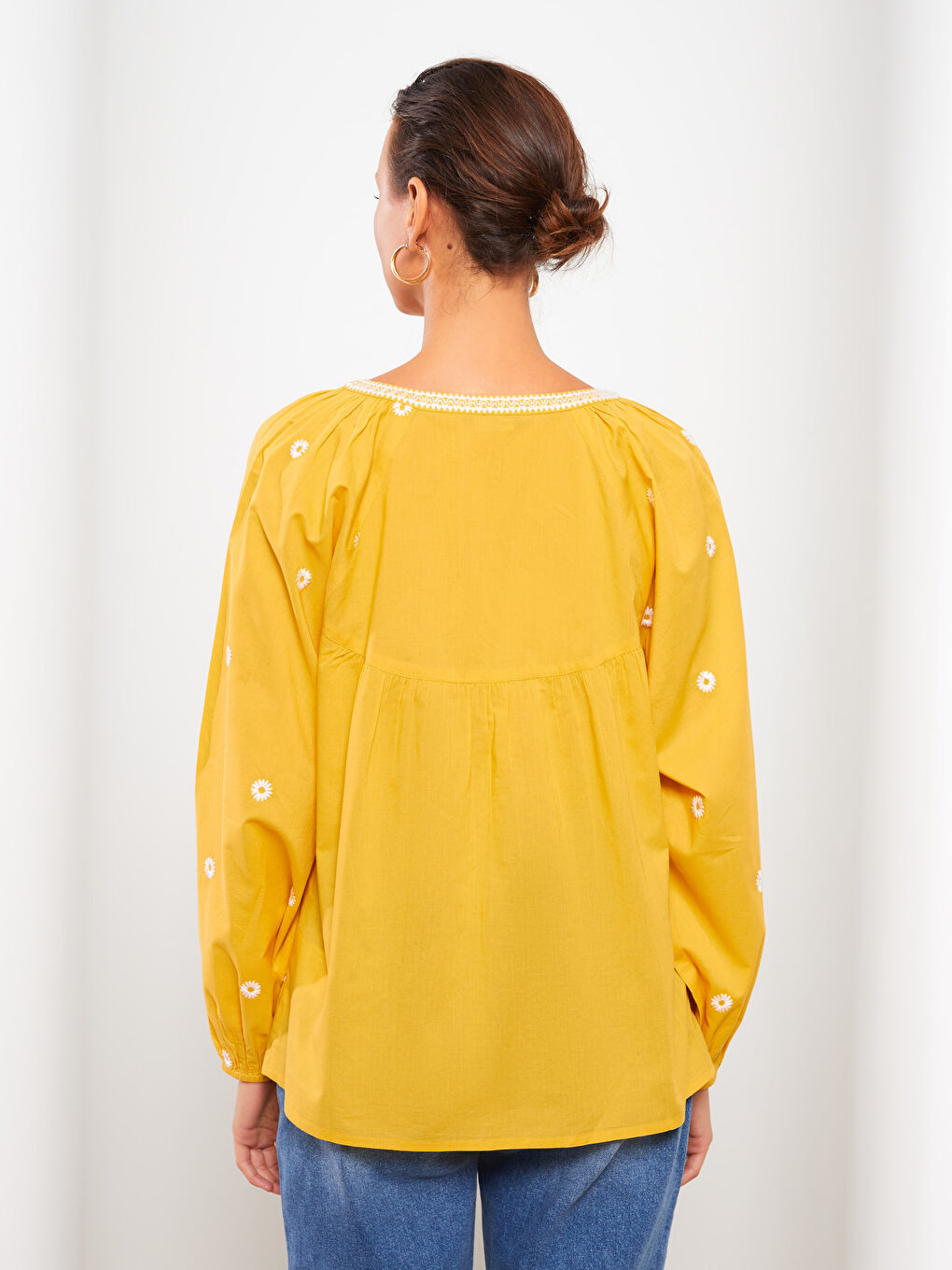 Tie Collar Embroidered Long Sleeve Cotton Women's Blouse -S2I697Z8-G2C
