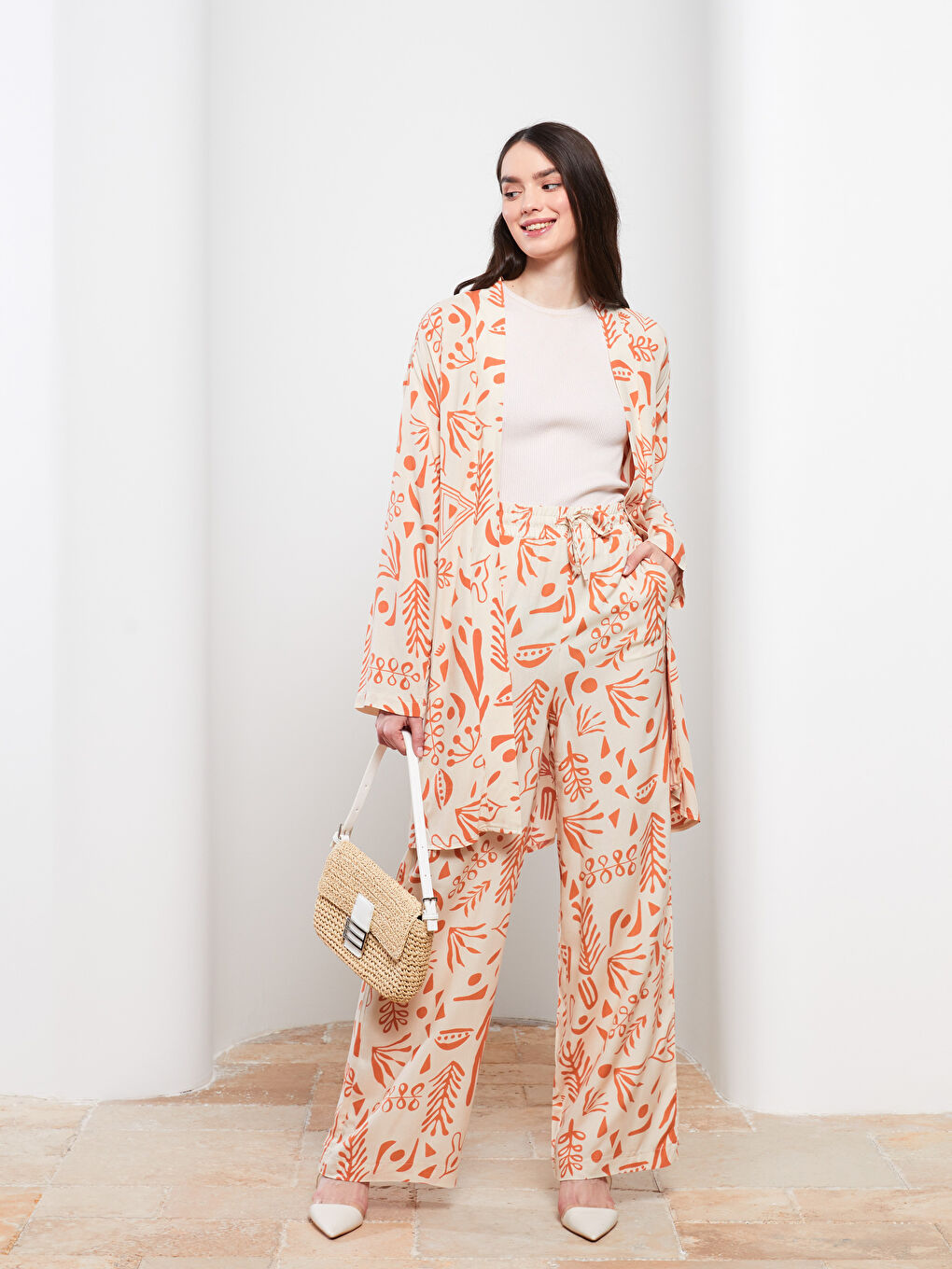 Elastic Waist Standard Fit Patterned Viscose Women's Trousers