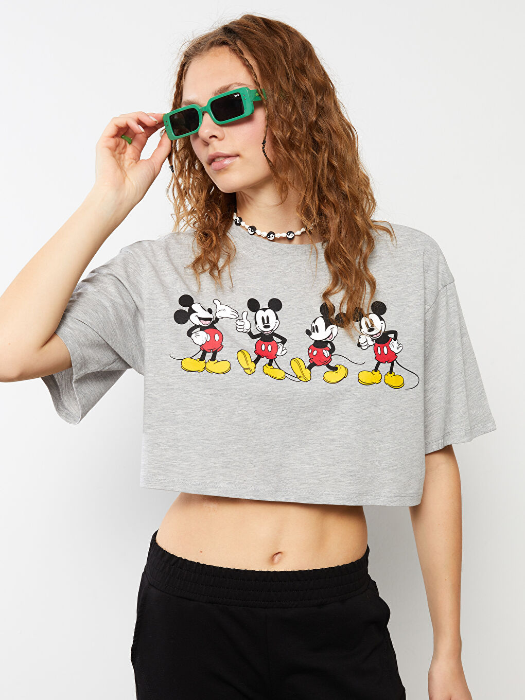 XSIDE Crew Neck Mickey Mouse Printed Short Sleeve Women's Crop Top -S2I703Z8-E3Z
