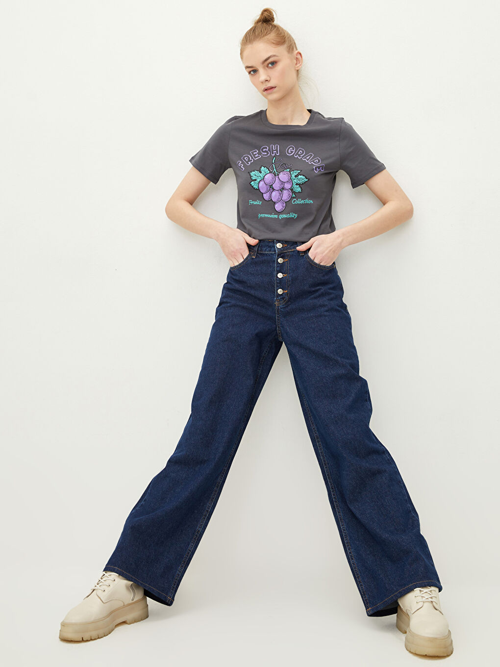 İndigo Aplike Baskılı Kapüşonlu Tunik