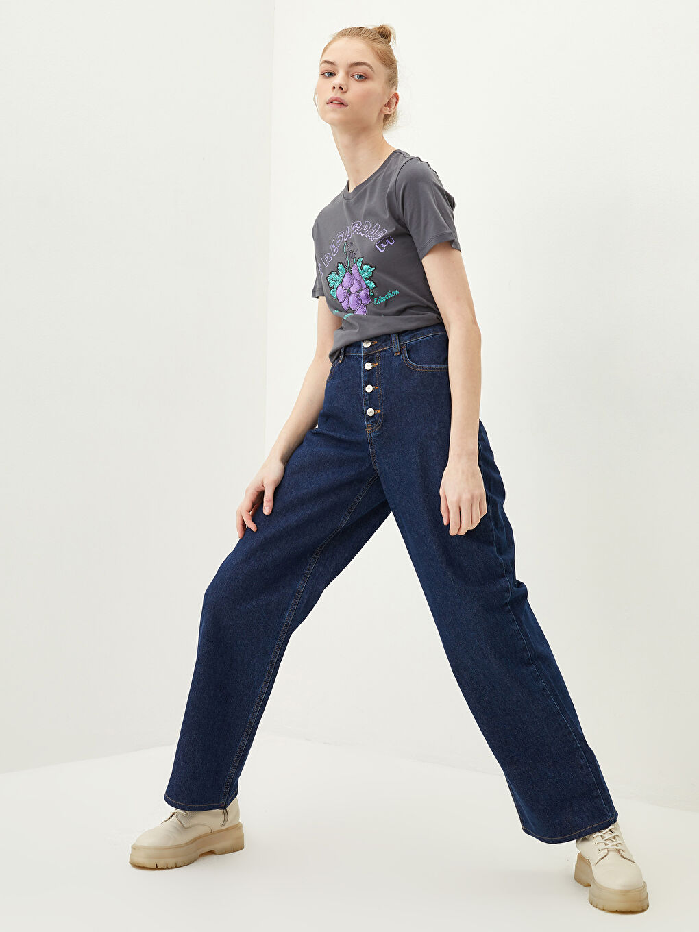 İndigo Aplike Baskılı Kapüşonlu Tunik-1