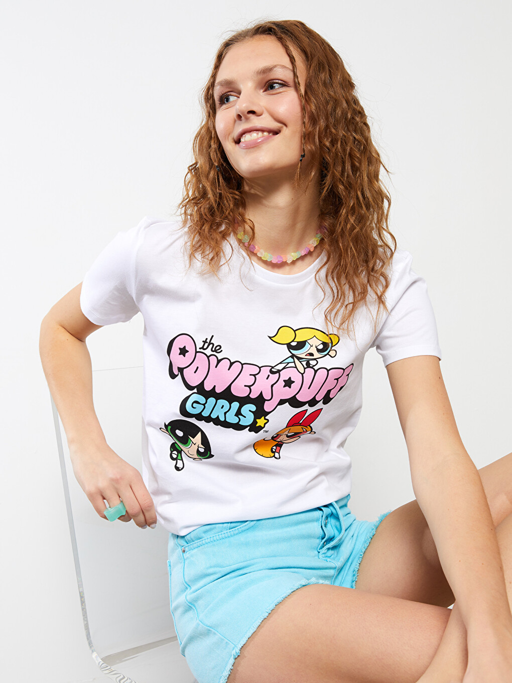 T-shirt en Coton à Manches Courtes Imprimé Les Super-Filles à Col Rond pour Femmes
