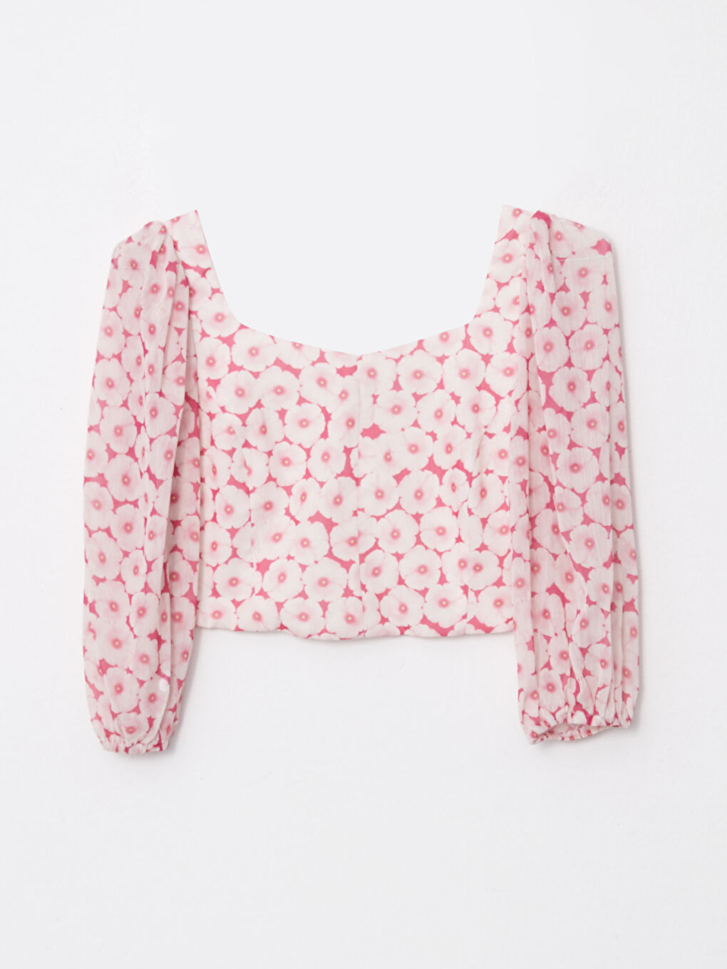 Heart Collar Patterned Balloon Sleeve Crop Chiffon Women's Blouse-5