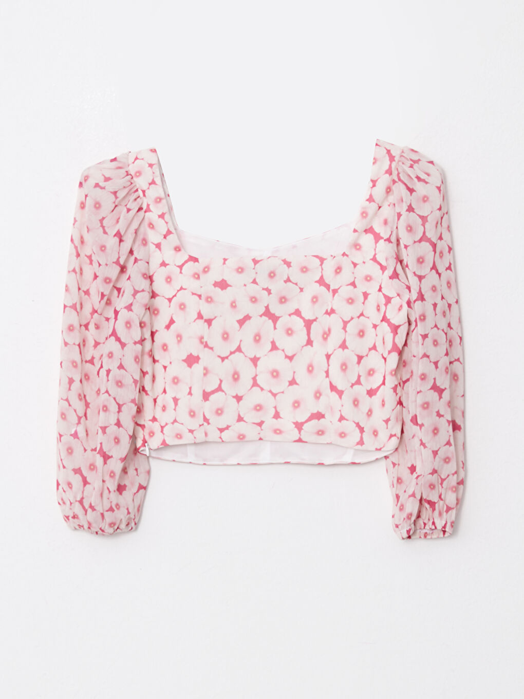 Heart Collar Patterned Balloon Sleeve Crop Chiffon Women's Blouse-6