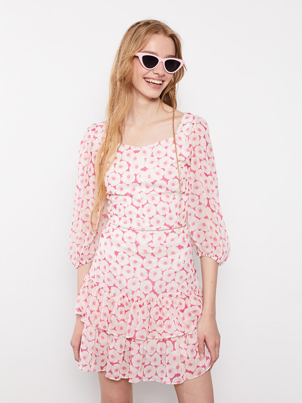 Heart Collar Patterned Balloon Sleeve Crop Chiffon Women's Blouse-2