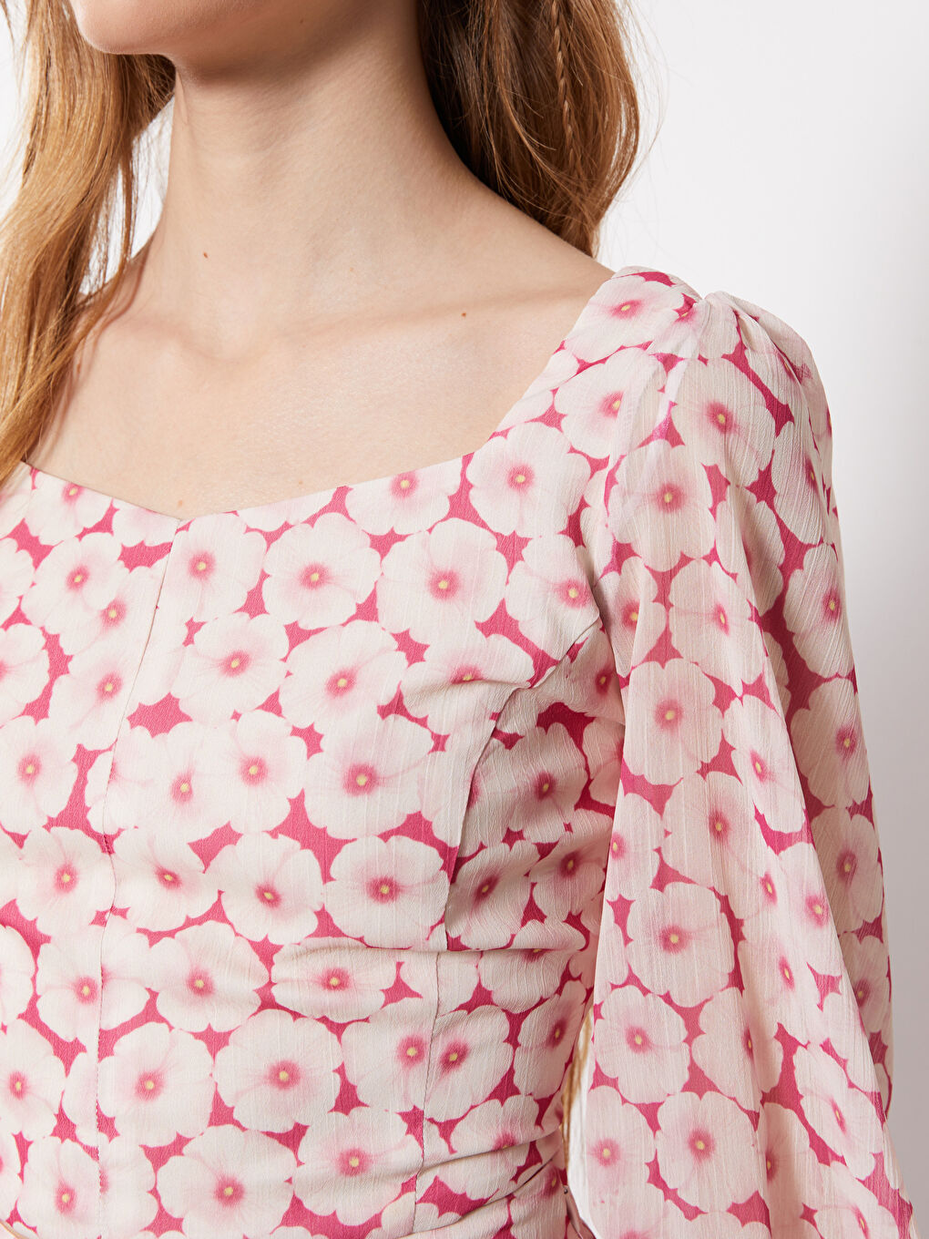 Heart Collar Patterned Balloon Sleeve Crop Chiffon Women's Blouse-3