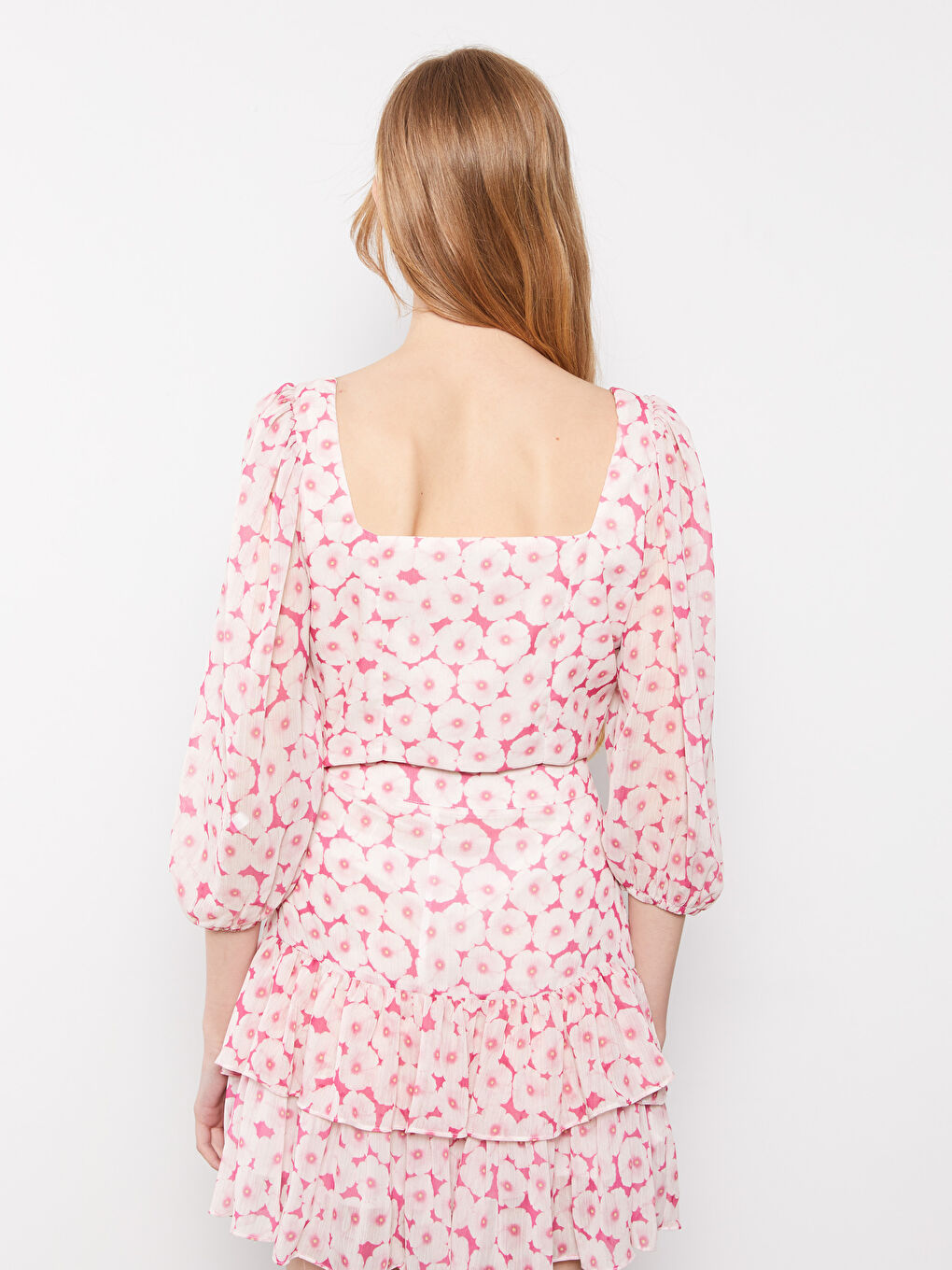 Heart Collar Patterned Balloon Sleeve Crop Chiffon Women's Blouse-4