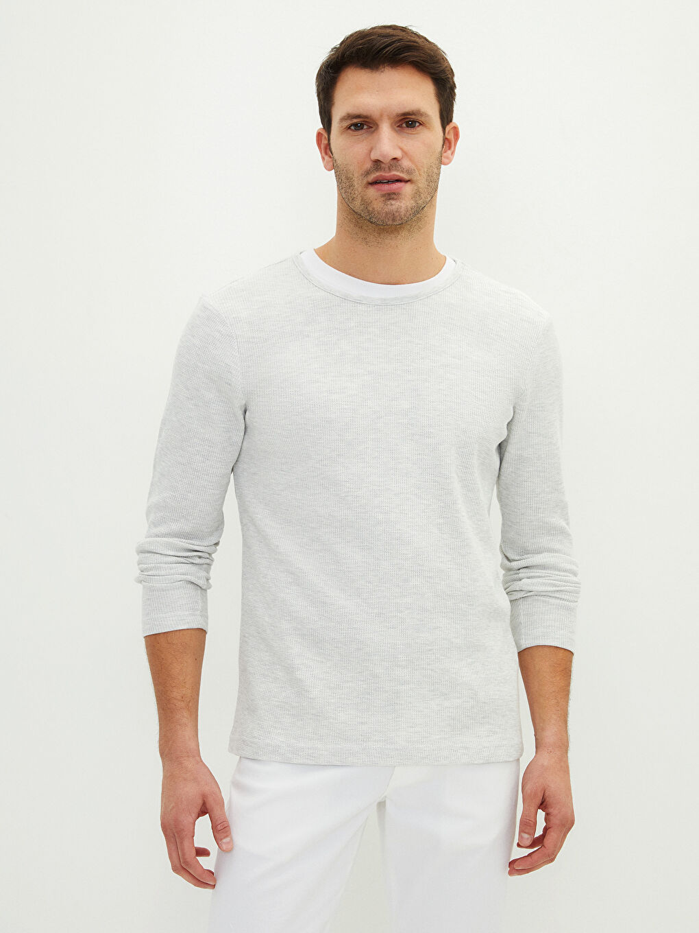 تيشيرت داخلي كم طويل ياقة دائرية قطن للرجال-1