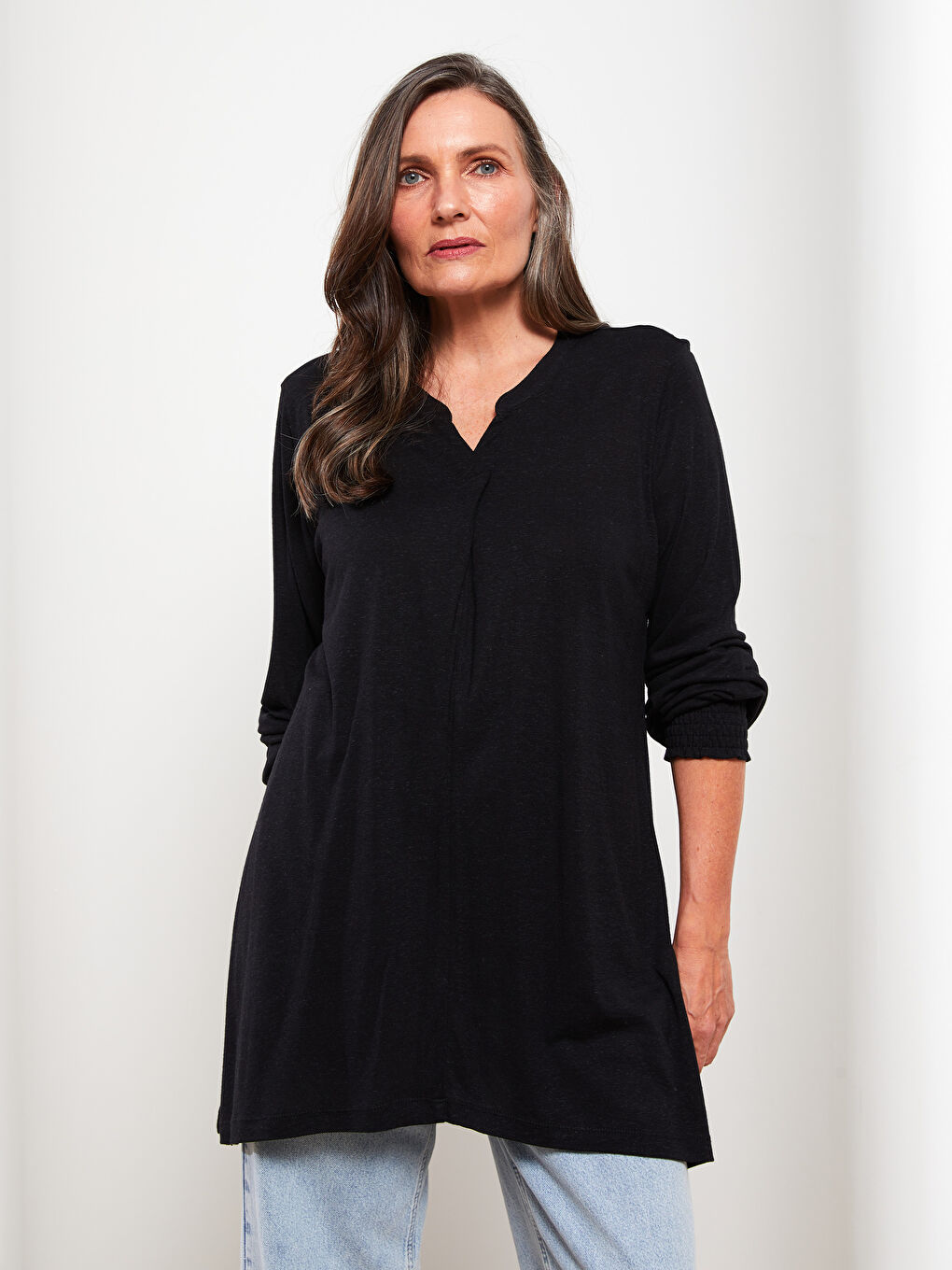 Henley Neckline Long Sleeve Women's Tunic-1