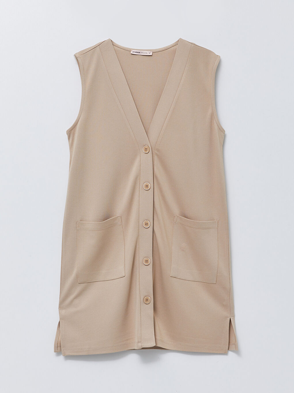 Bej Kadın V Yaka Düz Yelek-5