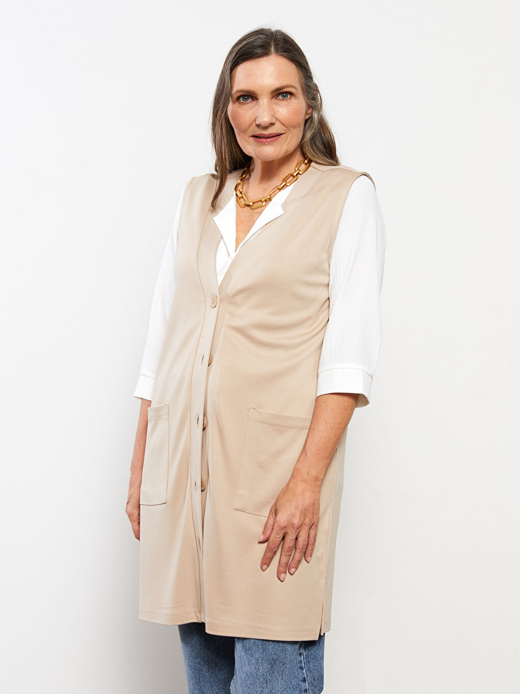 Bej Kadın V Yaka Düz Yelek-1