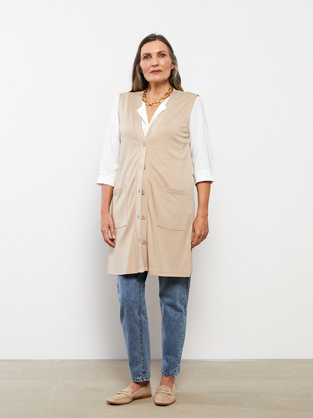 Bej Kadın V Yaka Düz Yelek-2