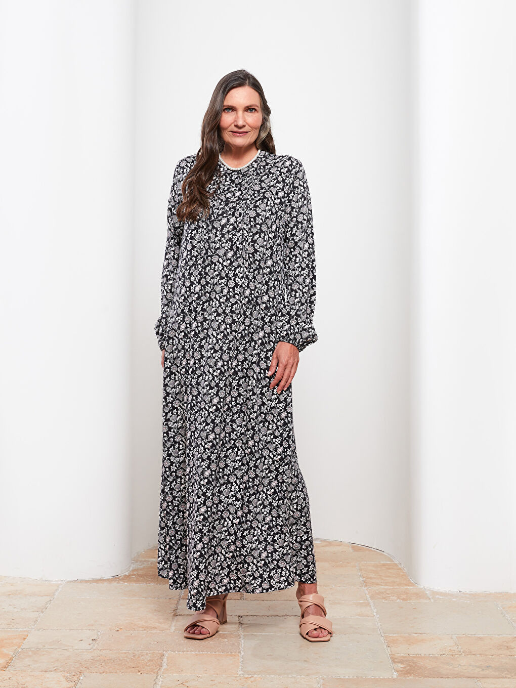 Karışık Bisiklet Yaka Çiçekli Uzun Kollu Viskon Kadın Elbise-1