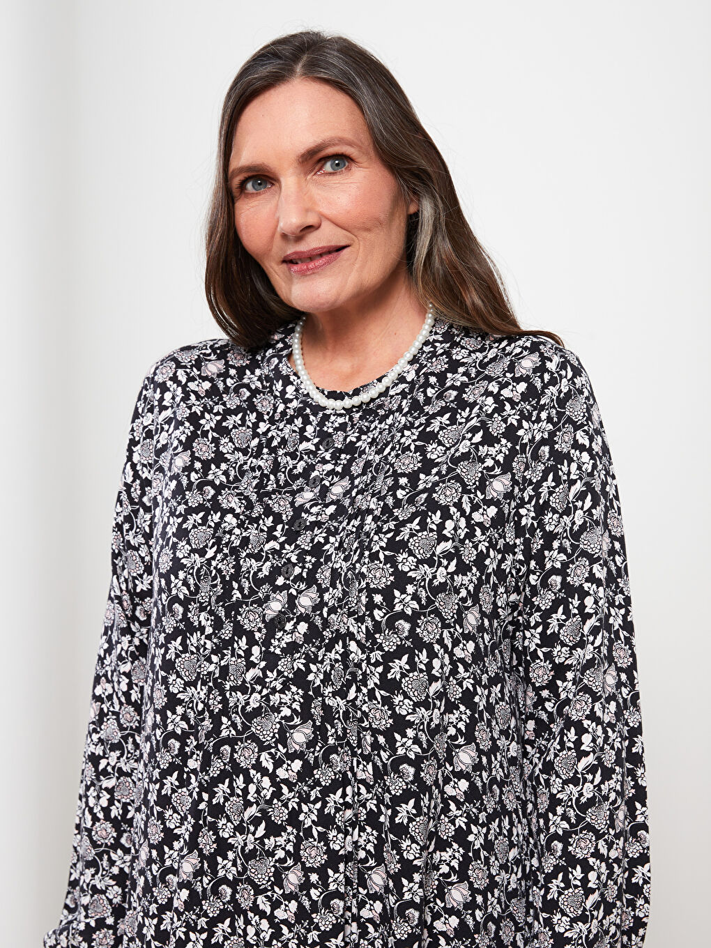 Karışık Bisiklet Yaka Çiçekli Uzun Kollu Viskon Kadın Elbise-2