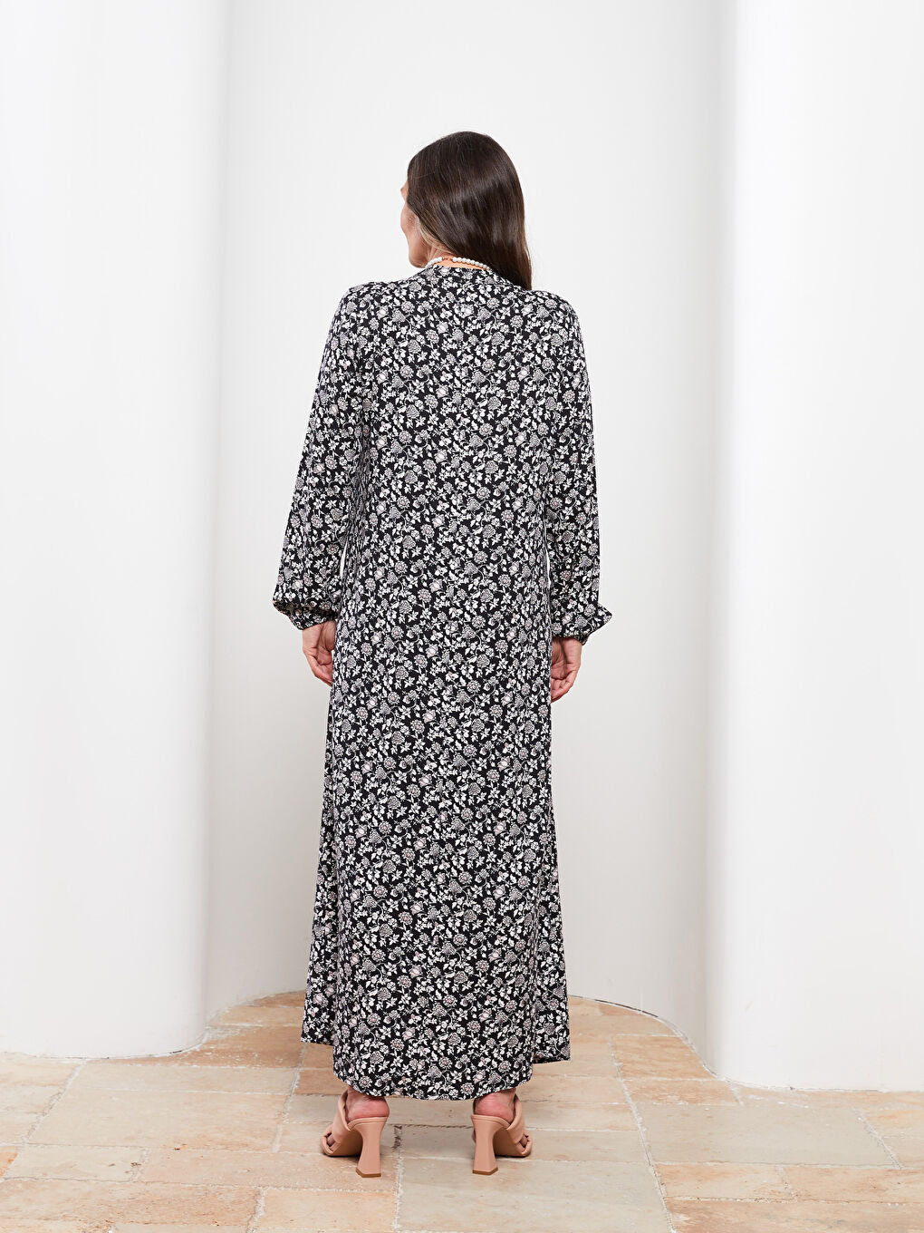 Karışık Bisiklet Yaka Çiçekli Uzun Kollu Viskon Kadın Elbise-4