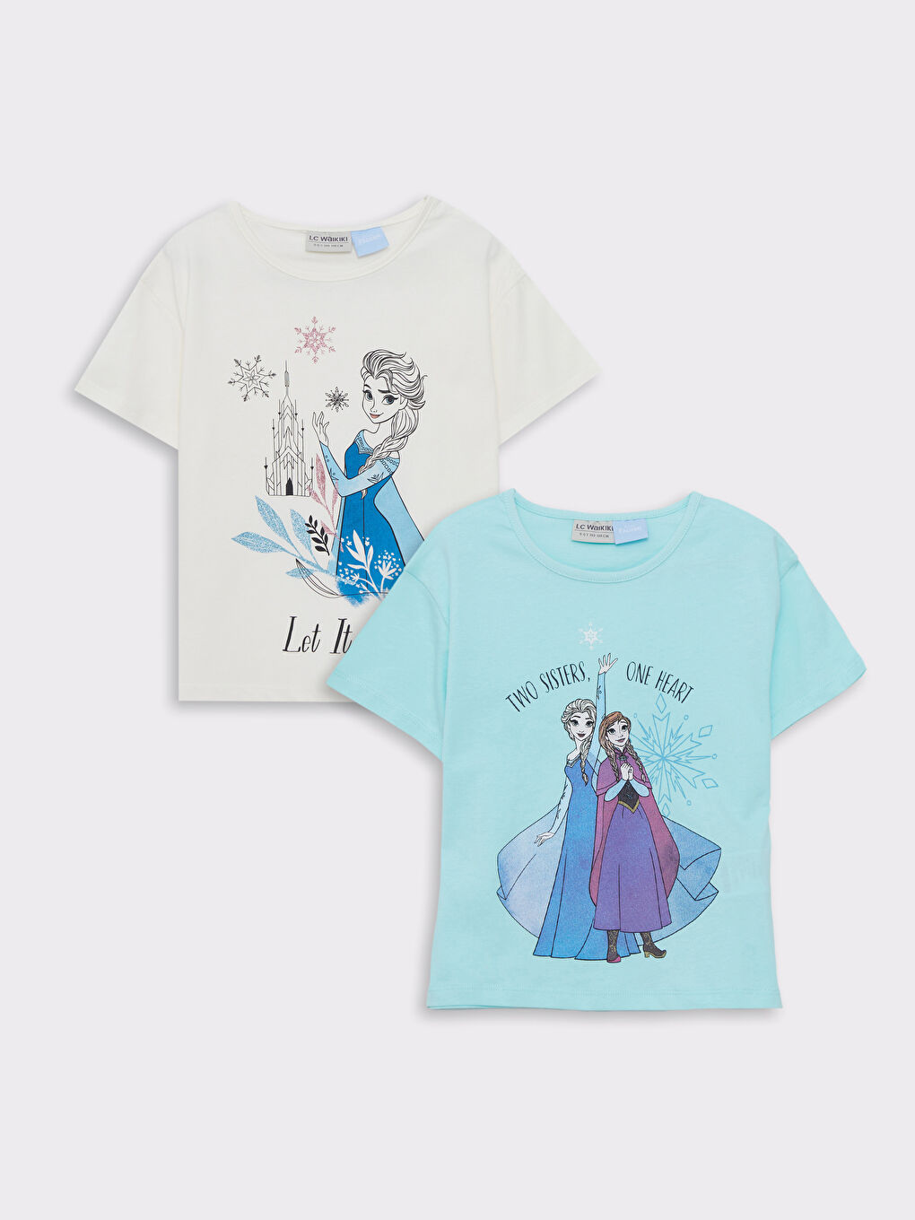 تيشيرت بناتي قطن كم قصير مطبوع فروزن ياقة دائرية - مجموعة من قطعتين