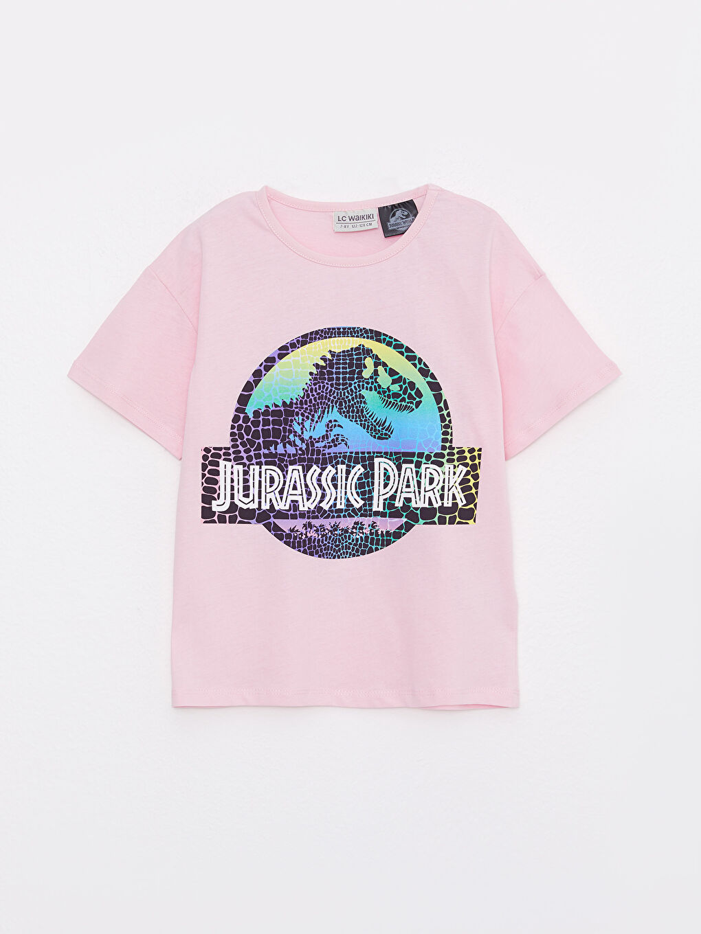 Pembe Bisiklet Yaka Jurassic World Baskılı Kısa Kollu Pamuklu Kız Çocuk Tişört