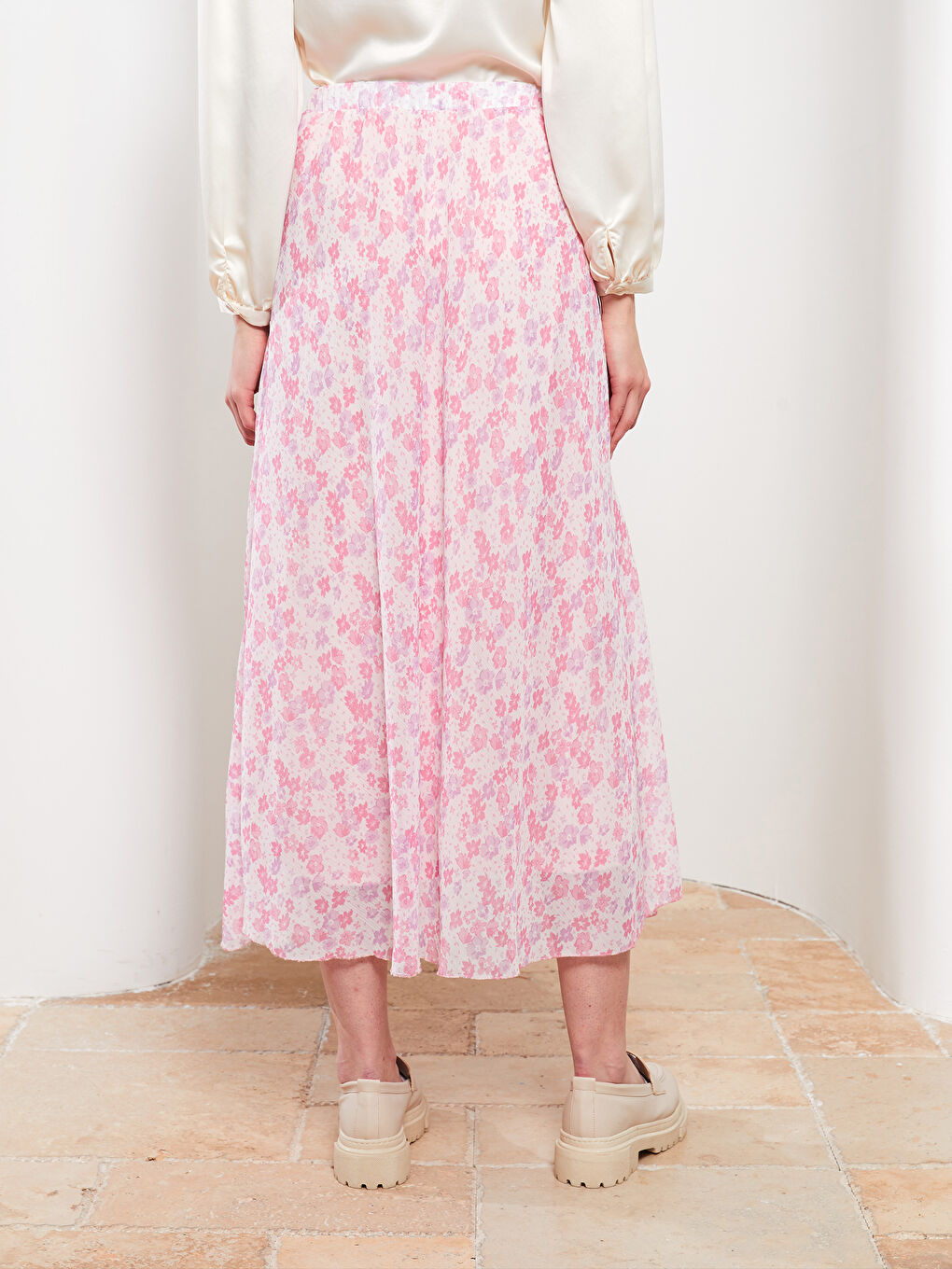 LCW Modest Beli Lastikli Çiçekli A Kesim Şifon Kadın Etek -S2I839Z8-LSC