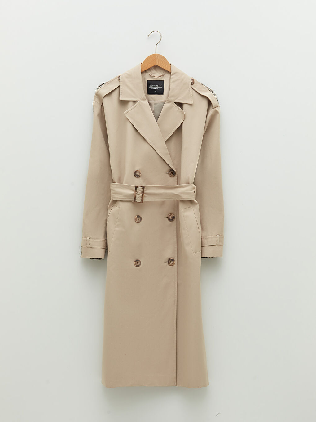 Bej Ceket Yaka Ekose Uzun Kollu Kadın Trençkot-7