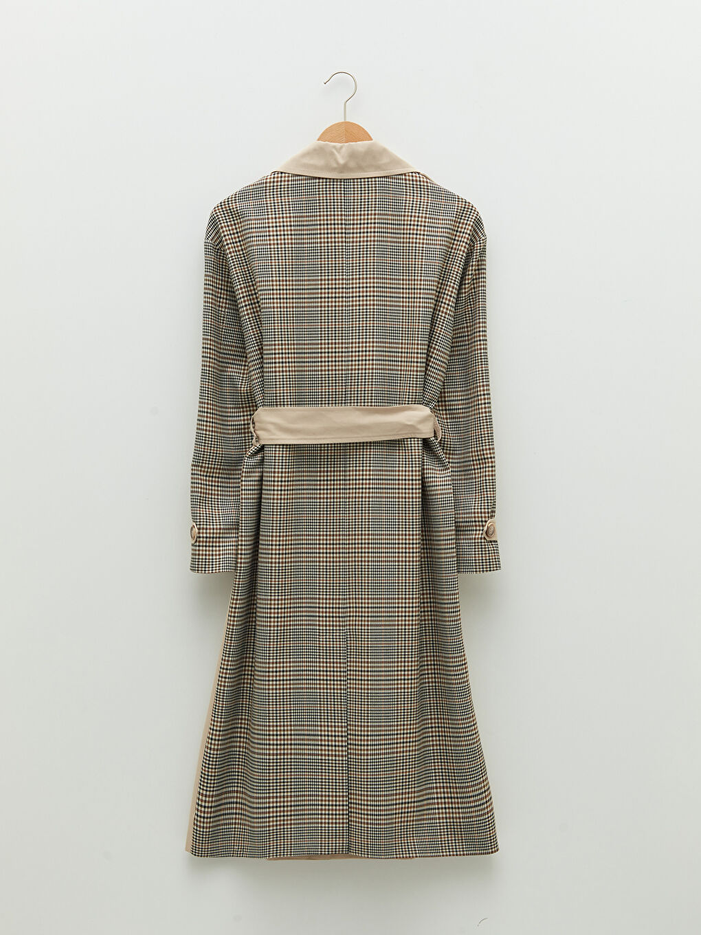 Bej Ceket Yaka Ekose Uzun Kollu Kadın Trençkot-8