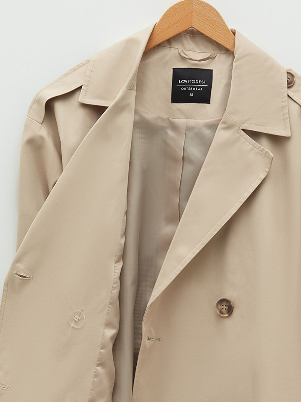 Bej Ceket Yaka Ekose Uzun Kollu Kadın Trençkot-9