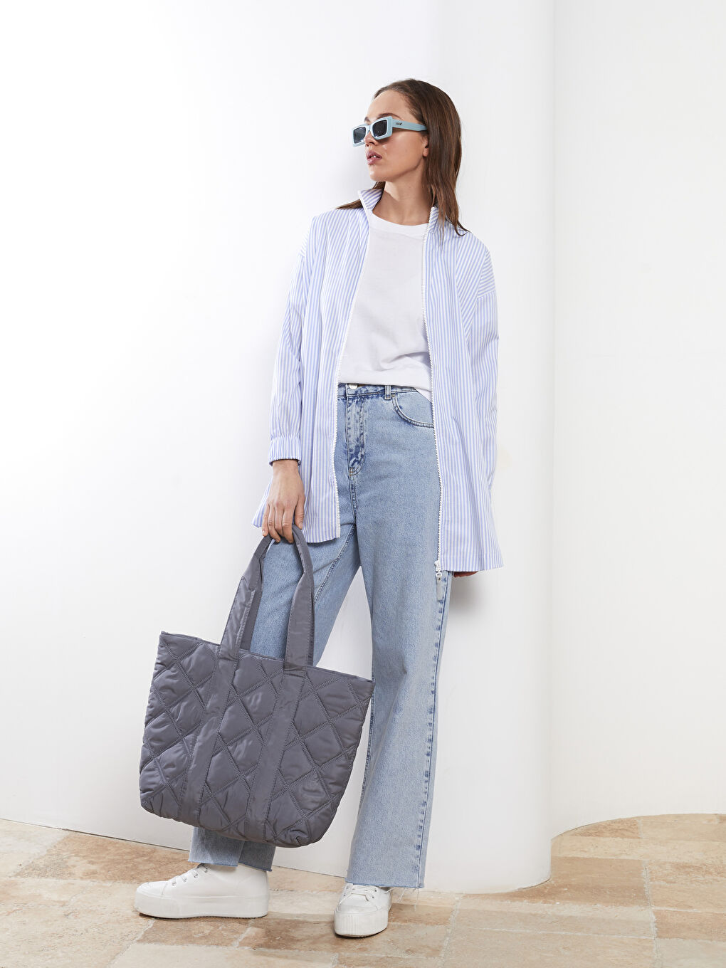 Mavi Dik Yaka Çizgili Uzun Kollu Kadın Tunik