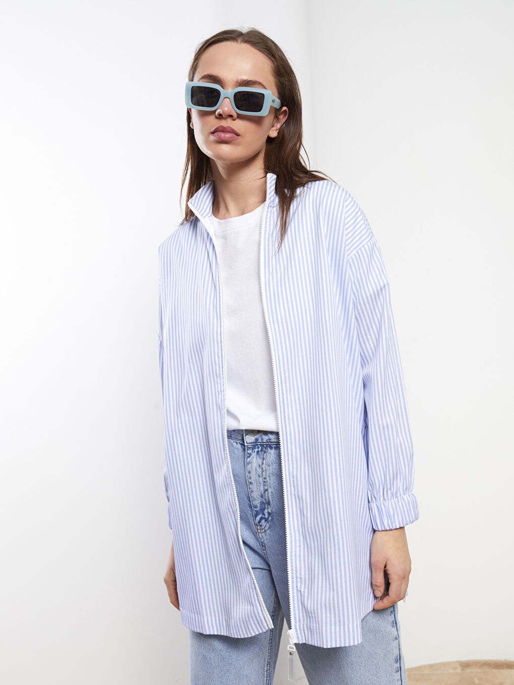 Mavi Dik Yaka Çizgili Uzun Kollu Kadın Tunik-1