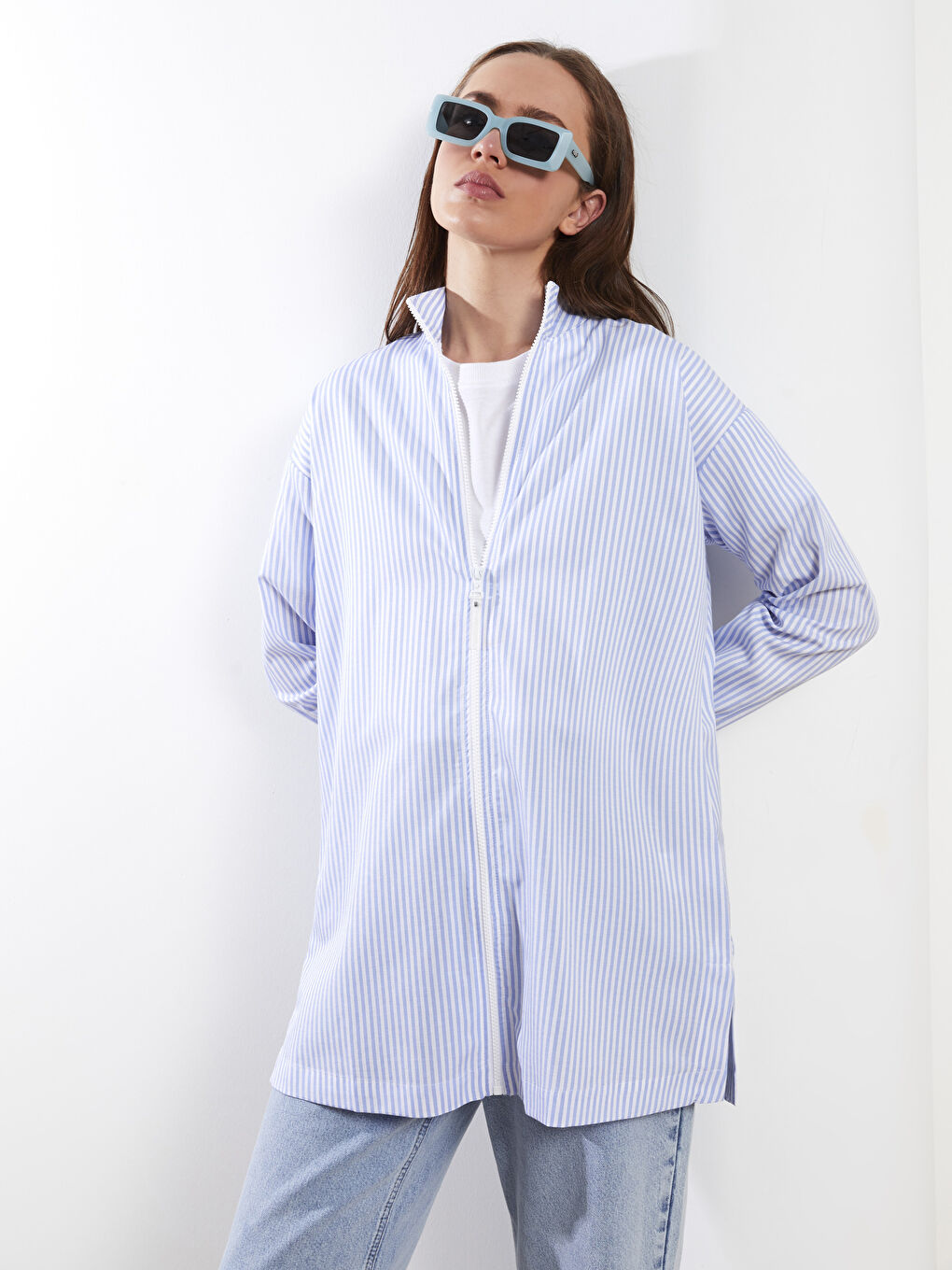 Mavi Dik Yaka Çizgili Uzun Kollu Kadın Tunik-2