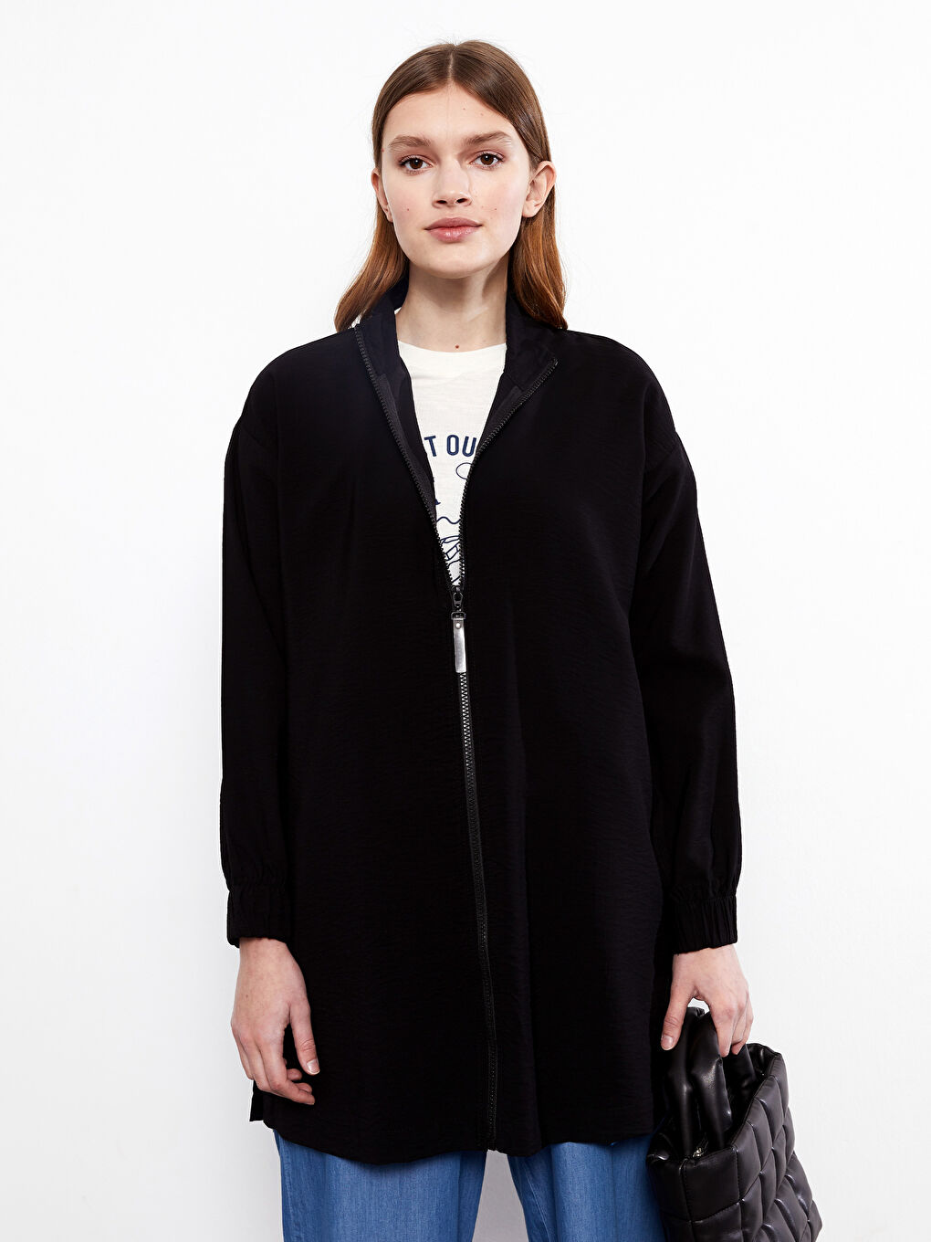 Funnel Neck Plain Long Sleeve Women's Tunic-1