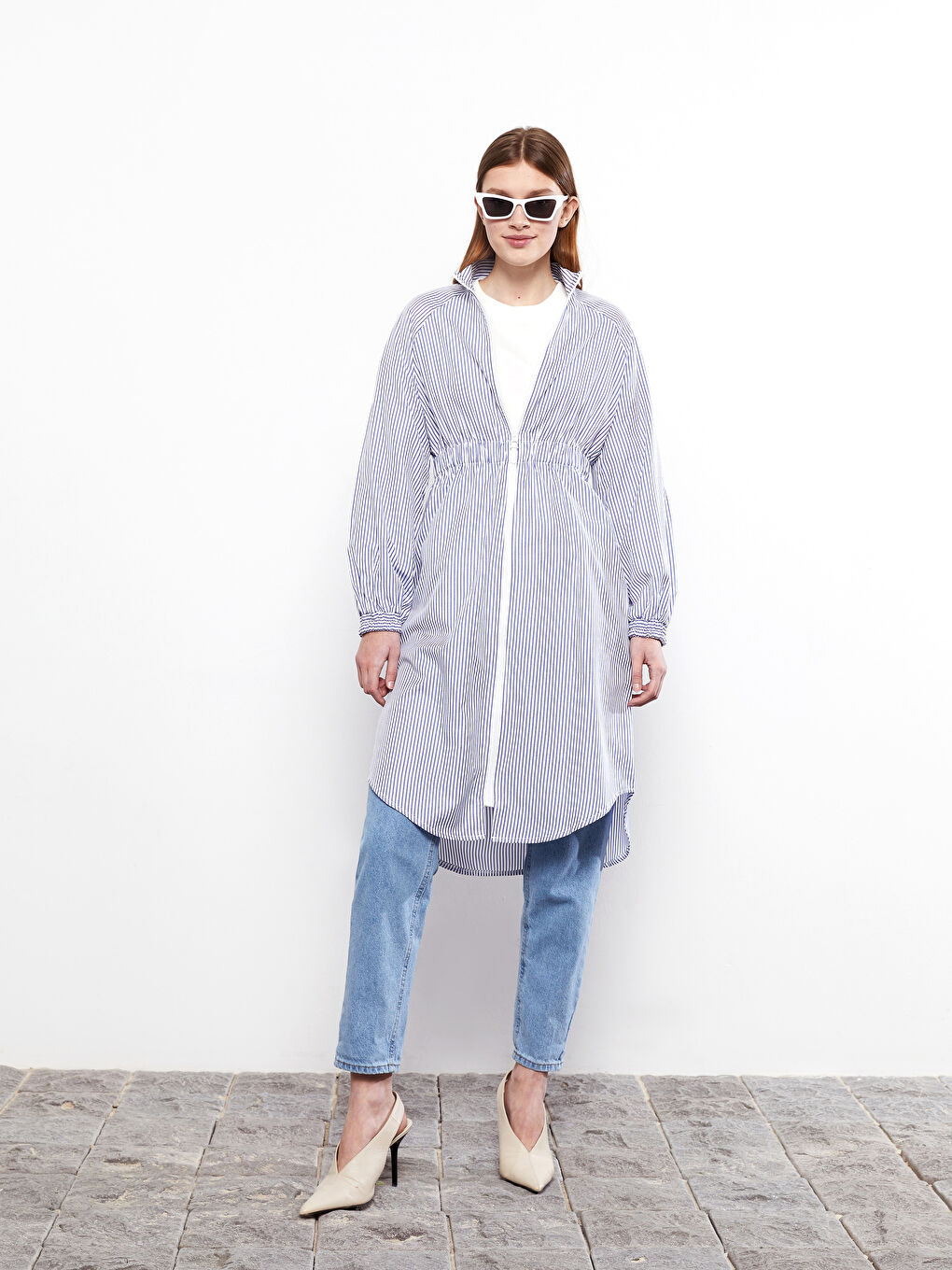 Mavi Dik Yaka Çizgili Uzun Kollu Poplin Kadın Tunik